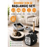 Premium Kedi Başlangıç Seti - Açık Kedi Tuvaleti, Taşıma Sepeti, Peluş Simit Yatak, Tırmalama Tahtası, İkili Mama Kabı, Kürek - AT8
