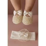 Premıum Kız Bebek Fiyonk Detaylı Parlak Incili Patik Bandana Set - Hediyelik Patik Lüx Cırtcıtlı Beyaz 0-6 Ay