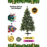 Premium Kutu Süsleme Seti Yılbaşı Çam Ağacı Renkli Işığı Yeni Yıl Süsleri Noel Paketi 110 Cm 110 Dal