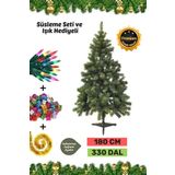 Premium Kutu Süsleme Seti Yılbaşı Çam Ağacı Renkli Işığı Yeni Yıl Süsleri Noel Paketi 180 Cm 330 Dal