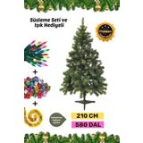 Premium Kutu Süsleme Seti Yılbaşı Çam Ağacı Renkli Işığı Yeni Yıl Süsleri Noel Paketi 210 Cm 580 Dal