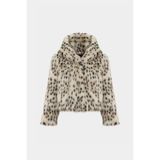 Premium Leopar Desen Kapüşonlu Suni Kürk Kadın Ceket - Ekru - 2XL
