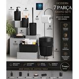 Premium Lüks 7 Parça Banyo Aksesuar Seti, Modern Tasarım, Siyah, Sıvı Sabunluk, Diş Fırçalık, Tuvalet Fırçası (SİYAH)
