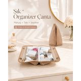 Premium Makyaj Organizer Çantası, Vizon Renk Şeffaf Bölmeli Dik Duran Seyahat ve Kozmetik Düzenleyici Çanta Suni Deri