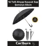 Premium Otomatik Mekanizma Baston Tip Rüzgar Korumalı Fiber 16 Telli Ahşap Kauçuk Sap Şemsiye 55cm