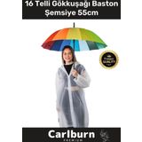Premium Otomatik Mekanizma Baston Tip Rüzgar Korumalı Fiber 16 Telli Gökkuşağı Baston Şemsiye 55cm
