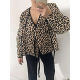 Premium Özel Tasarım Kimono Bağlama , Ay Kol Kapitone Mont - Leopar - Standart