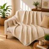 Premium Pamuklu Lilyana Koltuk Örtüsü 170x210 cm, Çift Taraflı Dekoratif Şal, Tekli, Üçlü, Kanepe, Çekyat ve Berjer İçin Koruyucu, Kaymaz, Nefes Alan, Yıkanabilir, Modern Çizgili Tasarım (KREM)