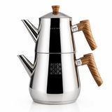 Premium Paslanmaz Çelik Çaydanlık Takımı, Ahşap Kaplama Saplı, 2.0L Alt Hazne, 1.1L Üst Demlik, Modern Tasarım