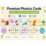 Premium Phonics Cards Set 1 – Short Vowel Sounds | A, E, I, O, U Ses Kartları | A5 Yatay Ingilizce Eğitim Kartları