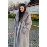 Premium Şal Yaka Mob Wife Suni Kürk Maxi Kadın Kaban - Gri