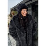 Premium Şal Yaka Mob Wife Suni Kürk Maxsi Kadın Kaban - Siyah
