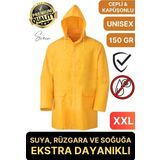 Premium Sarı XXL 150 gr Kapüşonlu Cepli Yağmurluk Su Rüzgar Soğuk Geçirmez Unisex Çıtçıtlı Pardösü