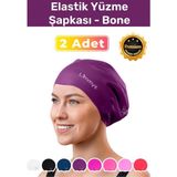 Premium Seri Su Geçirmez Silikon Yüzücü Havuz Deniz Bonesi Elastik Yüzme Şapkası 2'li Set - Mor