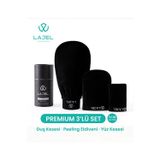 Premium Siyah 3'lü Kese Seti, Peeling Eldiveni, Yüz Kesesi Floş Ipek Normal,orta,hassas Ciltle