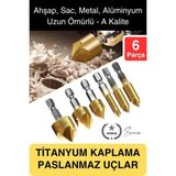Premium Titanyum Kaplama 6'lı Kırılmaz Uçlu Paslanmaz Ahşap Sac Metal Havşa Açma Matkap Uç Seti - diğer - Altın