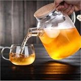 PremiumPort 1000 ml Bambu Kapaklı Isıya Dayanıklı Cam Bitki Çayı Demliği Cam Sürahi - Ahşap - Ceviz - Seçenek 1