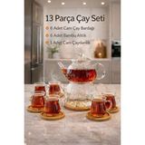 PremiumPort 13 Parça Borosilikat Cam Çay Seti, Bardaklar ve Metal Süzgeçli Takım - Ahşap - Bej - Siyah - Seçenek 1