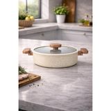 PremiumPort 24 cm Granit Basık Tencere, Silikon Kenarlı Cam Kapak, Dayanıklı ve Şık - Ahşap - Ceviz - Seçenek 1