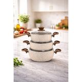 PremiumPort 6'lı Granit Güveç Tencere Seti, Cappuccino Bakalit Saplı, 18/20/22 cm - Ahşap - Ceviz - Seçenek 1