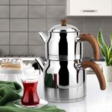 PremiumPort Ayperi Çelik Çaydanlık ve Suluk Seti, Ahşap Kulp, Aile Boyu, 1,50 Lt ve 3 Lt - Altın - Gümüş - Bakır - Seçenek 1