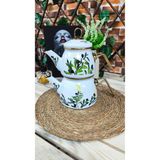 PremiumPort Beyaz Zeytin Desenli Emaye Çaydanlık Takımı, Nostaljik ve Şık Tasarım - Ahşap - Bej - Siyah - Seçenek 1