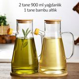 PremiumPort Borosilikat Cam Yağdanlık ve Sirkelik Seti, Bambu Kapaklı, Altlıklı, 3'lü - Seçenek 1