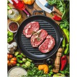 PremiumPort Döküm Yuvarlak Izgara Tavası, Cam Kapaklı, Çift Kulplu, 30CM - Seçenek 1 - Ahşap