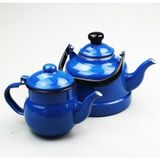 PremiumPort Mavi Emaye Çinko Çaydanlık Seti, 1,7 Lt, Nostaljik Tasarım - Ahşap - Bej - Siyah - Seçenek 1