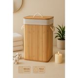 PremiumPort Modern Bambu Dikdörtgen Çamaşır Sepeti, Kapaklı, 40X30X60 cm - Seçenek 1 - Ahşap - Bej