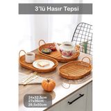 PremiumPort Oval 3'lü Dekoratif Hasır Sepet ve Tepsi Seti, Ev ve Mutfak Düzenleyici - Ahşap - Ceviz - Seçenek 1