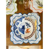 PremiumPort Şık Oval Amerikan Servisleri, Mavi Nakışlı, Çiftli Victorian Tarz - Ahşap - Ceviz