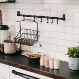 PremiumPort Şık Siyah Metal Retro Duvar Askısı ve Sepet Seti, Mutfak ve Banyo Için - Seçenek 1 - Ahşap