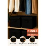 PRENDİ HOME 4’lü Siyah Kapaklı Kumaş Dolap İçi Düzenleyici Kutu - 30x30x30 cm Katlanabilir Saklama Kutusu