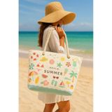 Prendi Home Hello Summer Desenli Büyük Boy Piknik Ve Plaj Çantası Halat Saplı 55x36x15 Cm Çok Renkli