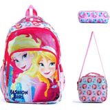 Prenses Frozen 3 Lü Set Okul Çantası Ilk Okul Beslenmeli Kalemlikli Kız Karakterli - sırt çanta - Pembe - 40x30x18