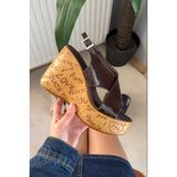 Preshley Kadın Forge Kahve Ruga 10 cm Dolgulu Yazılı Mantar Taban Ayakkabı & Sandalet