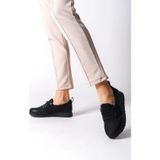 Preshley Kadın Galina Siyah Bağcıklı Lastikli Ortopedik Rahat Taban Taş Detaylı Günlük Babet Anne Ayakkabısı
