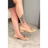Preshley Kadın Mila Bej Kroko Fiyonklu 3,5 cm Blok Topuklu Stiletto / Ayakkabı