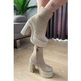 Preshley Kadın Sidney Krem Süet 12 cm Platform Topuklu Fermuarlı Bot