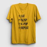 Presmono Eat Sleep Repeat K-Pop Sarı Unisex T-shirt