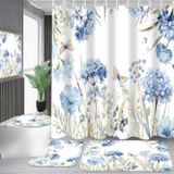 Pretyw 4 parçalı mavi çiçekli duş perdesi seti, kelebek çiçek banyo seti, duş perdesi ve kilim, mavi beyaz banyo perdesi, çiftlik evi ev dekorasyonu için kancalı