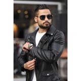 Prifaldi Erkek Biker Kemerli Deri Ceket Siyah Slim Fit Kalite Dış Giyim - 2XL