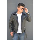 Prifaldi Erkek Biker Kemerli Deri Ceket Siyah - XL