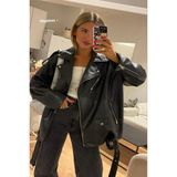 Prifaldi Oversize Uzun Kadın Siyah Deri Ceket - XXL-48