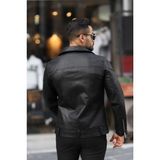 Prifaldi Siyah Biker Kemerli Deri Ceket Erkekler İçin Slim Fit Kış Aylarına Uygun