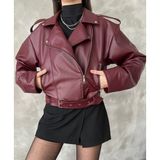 Prifaldi Suni Deri Crop Bıker Ceket - -- - Bordo