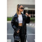 Prifaldi Yeni Sezon Oversize Uzun Kadın Siyah Deri Ceket - 4XL