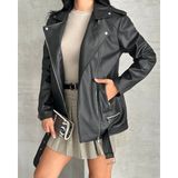 Prifaldi Zr Trend Oversize Uzun Kadın Siyah Deri Ceket