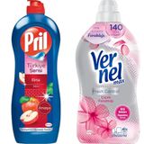 Pril Türkiye Serisi - Amasya Elma Kokulu Elde Yıkama Sıvı Bulaşık Deterjanı (1 x 675 g) + Vernel max Fresh Control Çiçek Ferahlığı 55 Yıkama Konsantre Çamaşır Yumuşatıcısı (1 x 1370 mL)